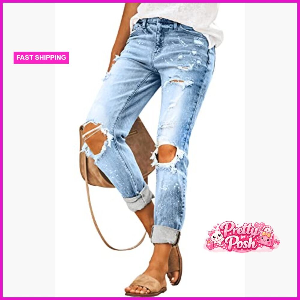 Ripped Mid Waisted Boyfriend Jeans Loose Fit Distressed Stretchy Denim Pants - Picture 4 of 6